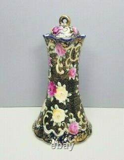 Royal Kinran Hot Chocolate Pot Nippon Pink Yellow Roses Cobalt Blue Antique