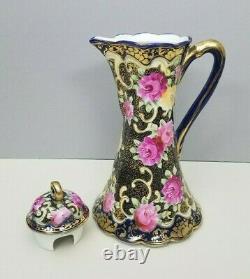 Royal Kinran Hot Chocolate Pot Nippon Pink Yellow Roses Cobalt Blue Antique