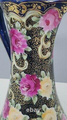 Royal Kinran Hot Chocolate Pot Nippon Pink Yellow Roses Cobalt Blue Antique