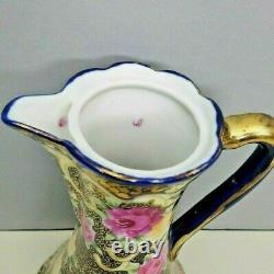Royal Kinran Hot Chocolate Pot Nippon Pink Yellow Roses Cobalt Blue Antique