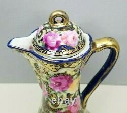 Royal Kinran Hot Chocolate Pot Nippon Pink Yellow Roses Cobalt Blue Antique