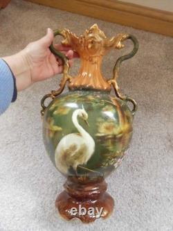 Royal Windsor Ware Urn Antique Hand Painted Stork Green Gold Brown 17 tall