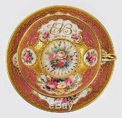 Royal Worcester 1904 Hand Painted Pink & Heavy Gold Porcelain Tea Cup Saucer