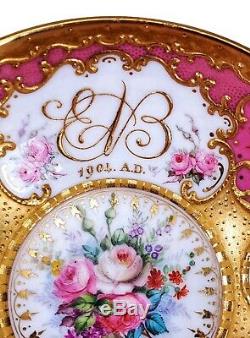 Royal Worcester 1904 Hand Painted Pink & Heavy Gold Porcelain Tea Cup Saucer