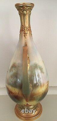Royal Worcester Hand Painted Vase of Wading Stork Signed Lewis