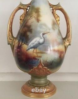 Royal Worcester Hand Painted Vase of Wading Stork Signed Lewis