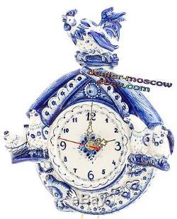 Russian Porcelain Author Blue Gzhel Hand Painted Wall Clock Hen House