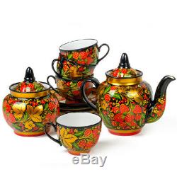 Russian Porcelain Tea Set. Hand Painted Khokhloma Hohloma 14 pcs / 6 persons
