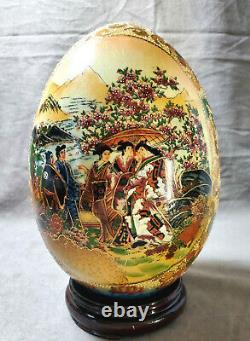 SATSUMA Style Large Porcelain EGG Hand Painted Wood Stand