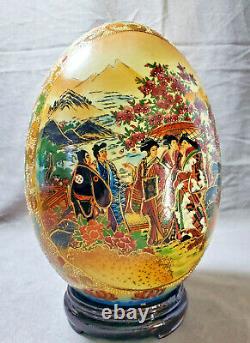 SATSUMA Style Large Porcelain EGG Hand Painted Wood Stand