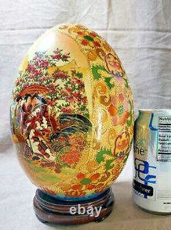 SATSUMA Style Large Porcelain EGG Hand Painted Wood Stand