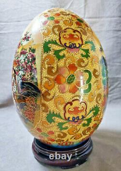 SATSUMA Style Large Porcelain EGG Hand Painted Wood Stand