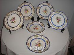 SIX antique SEVRES PLATES, handpainted flowers, gilt, royal blue, bleu de roi