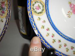 SIX antique SEVRES PLATES, handpainted flowers, gilt, royal blue, bleu de roi