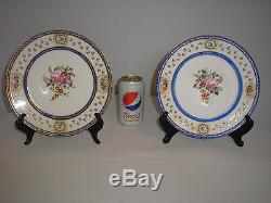 SIX antique SEVRES PLATES, handpainted flowers, gilt, royal blue, bleu de roi