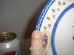 SIX antique SEVRES PLATES, handpainted flowers, gilt, royal blue, bleu de roi