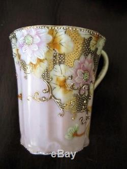 STUNNING 1900's HOT CHOCOLATE POT CUPS SET PORCELAIN HAND PAINTED PINK GOLD