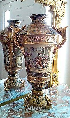 Satsuma Asian Hand-Painted Porcelain Footed Pedestal Urn Vase w Gold Handles/Lid