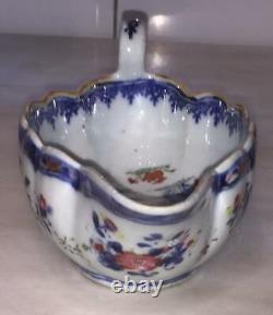 Scarce Chinese 18th C Tobacco Leaf and Court Scene Porcelain Sauce Boat C 1740