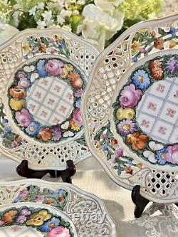 Set 6 Dresden Hand Painted Reticulated Floral Butterfly Dessert Porcelain Plates