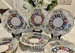 Set 6 Dresden Hand Painted Reticulated Floral Butterfly Dessert Porcelain Plates