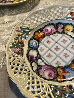 Set 6 Dresden Hand Painted Reticulated Floral Butterfly Dessert Porcelain Plates