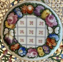 Set 6 Dresden Hand Painted Reticulated Floral Butterfly Dessert Porcelain Plates