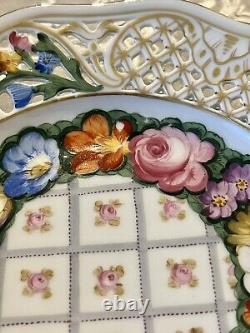 Set 6 Dresden Hand Painted Reticulated Floral Butterfly Dessert Porcelain Plates