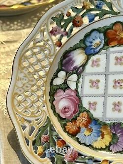 Set 6 Dresden Hand Painted Reticulated Floral Butterfly Dessert Porcelain Plates