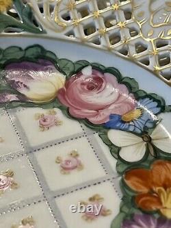 Set 6 Dresden Hand Painted Reticulated Floral Butterfly Dessert Porcelain Plates