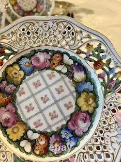 Set 6 Dresden Hand Painted Reticulated Floral Butterfly Dessert Porcelain Plates