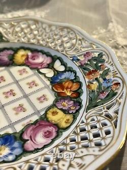 Set 6 Dresden Hand Painted Reticulated Floral Butterfly Dessert Porcelain Plates