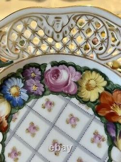 Set 6 Dresden Hand Painted Reticulated Floral Butterfly Dessert Porcelain Plates