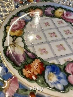 Set 6 Dresden Hand Painted Reticulated Floral Butterfly Dessert Porcelain Plates