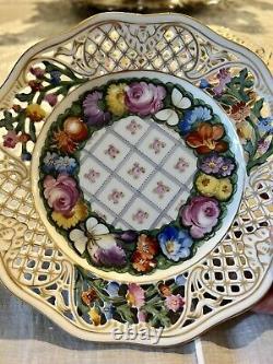 Set 6 Dresden Hand Painted Reticulated Floral Butterfly Dessert Porcelain Plates