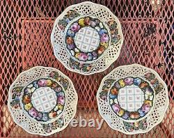 Set 6 Dresden Hand Painted Reticulated Floral Butterfly Dessert Porcelain Plates