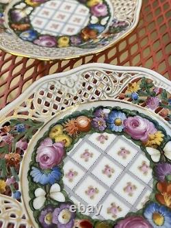 Set 6 Dresden Hand Painted Reticulated Floral Butterfly Dessert Porcelain Plates