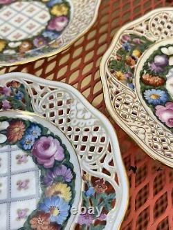 Set 6 Dresden Hand Painted Reticulated Floral Butterfly Dessert Porcelain Plates