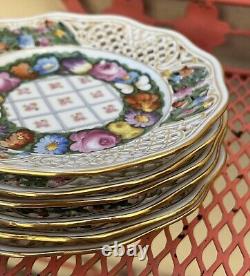 Set 6 Dresden Hand Painted Reticulated Floral Butterfly Dessert Porcelain Plates