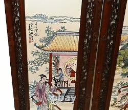 Set Chinese Porcelain Plaques Hand Painted Hardwood Screens