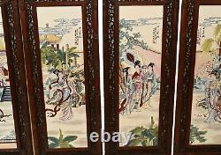 Set Chinese Porcelain Plaques Hand Painted Hardwood Screens