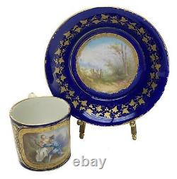 Sevres France Hand Painted Porcelain Cup & Saucer, 19th C. Courting Scene Guitar