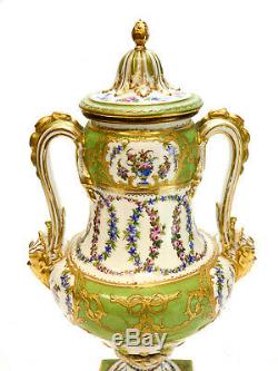Sevres France Hand Painted Porcelain Double Handled Footed Urn, circa 1900