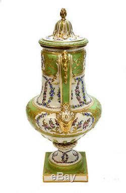 Sevres France Hand Painted Porcelain Double Handled Footed Urn, circa 1900