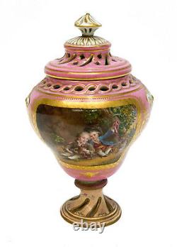 Sevres Hand Painted Porcelain Covered Urn, circa 1900. Courting scene