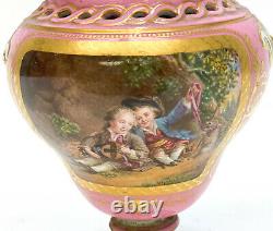 Sevres Hand Painted Porcelain Covered Urn, circa 1900. Courting scene