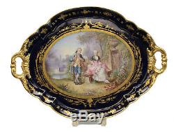 Sevres Hand Painted Porcelain Dual Handled Tray, c1920. Signed. Courting Scenes