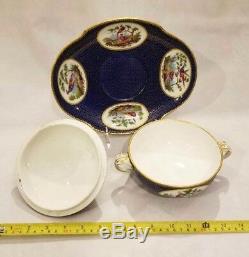 Sevres Porcelain Bowl, Lid, Tray Hand painting decoration withexotic birds 18-19c