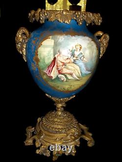 Sevres Porcelain Vase/ Urn Brass Ormulo With Rams Head Handles Hand Painted