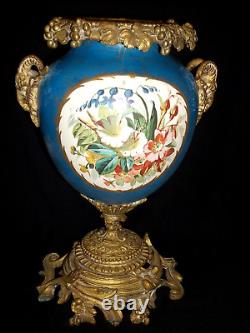 Sevres Porcelain Vase/ Urn Brass Ormulo With Rams Head Handles Hand Painted